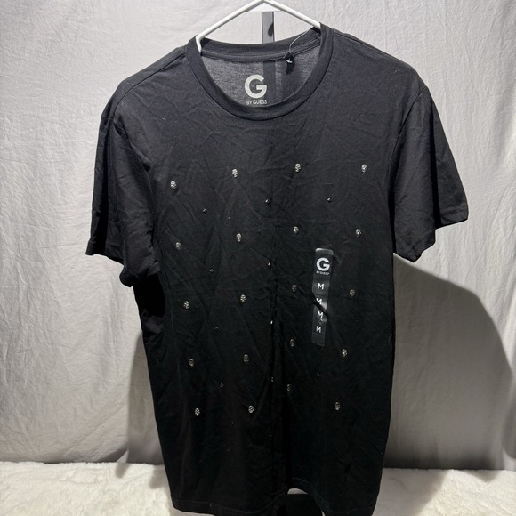 Designer new Guess Men's Jet Black Embroidered beads Skull Crew‎ T-Shirt Size M - Picture 1 of 11